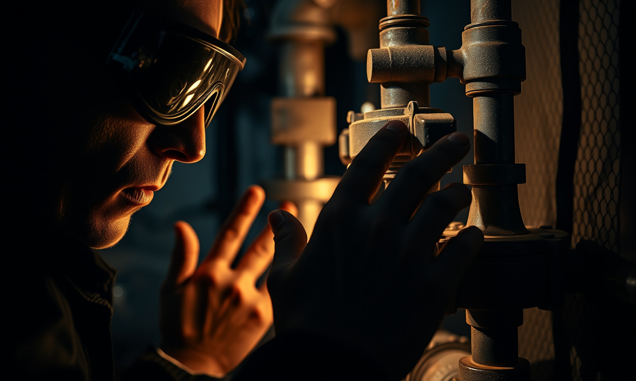 Работник проверяет промышленную арматуру